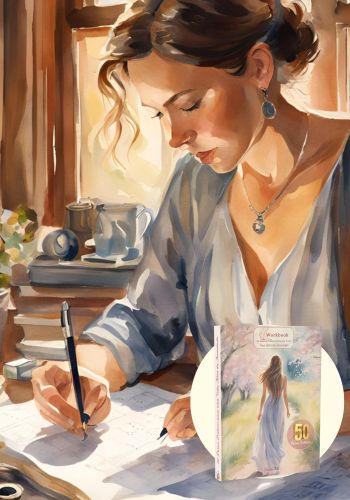 mulher em aquarela realista escrevendo no workbook