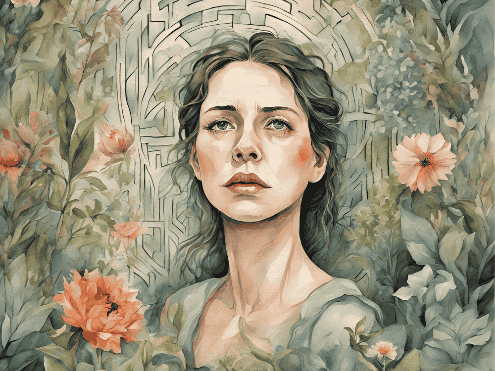 Mulher presa em um labirinto de seus própios pensamentos -Dependência emocional. Aquarelado -Fonte: IA Canva