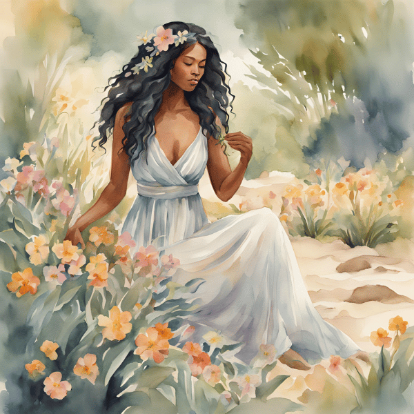 mulher florescendo ao redor de flores em aquarela